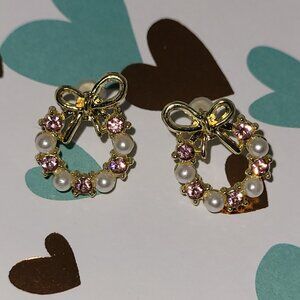 925 Sterling Silver | Pearl Rhinestone Bow Wreath Earrings